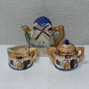VTG Made In Occupied Japan Tea Set Teapot Sugar Creamer Cottage Windmill 3 Piece